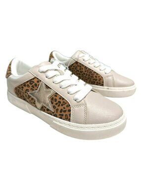 Leopard Print Sneakers With Metallic Star Accent Kids Size 4 New